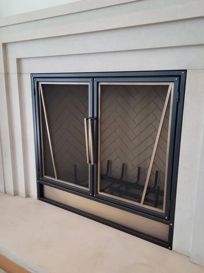 Mixed Metal Fire Screen with French Doors -with Brass Details  -  3/4 View