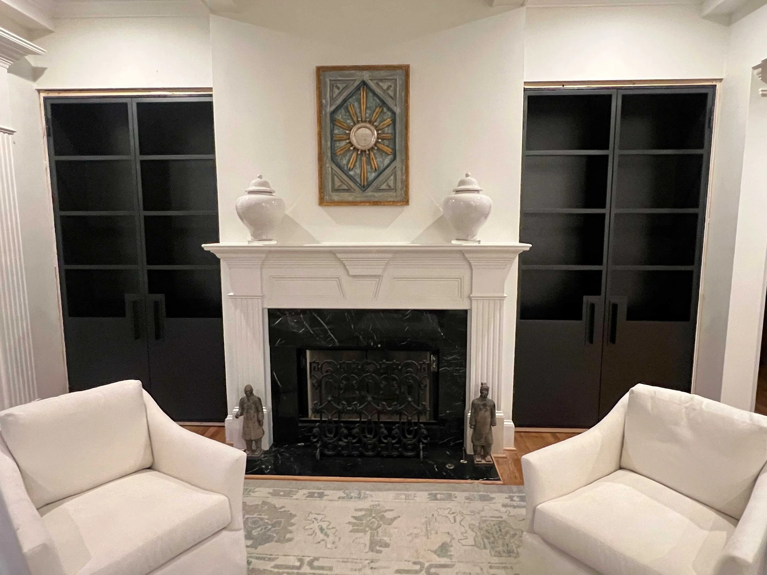 Custom Metal Built-in Shelving Unit with French Doors - View 2