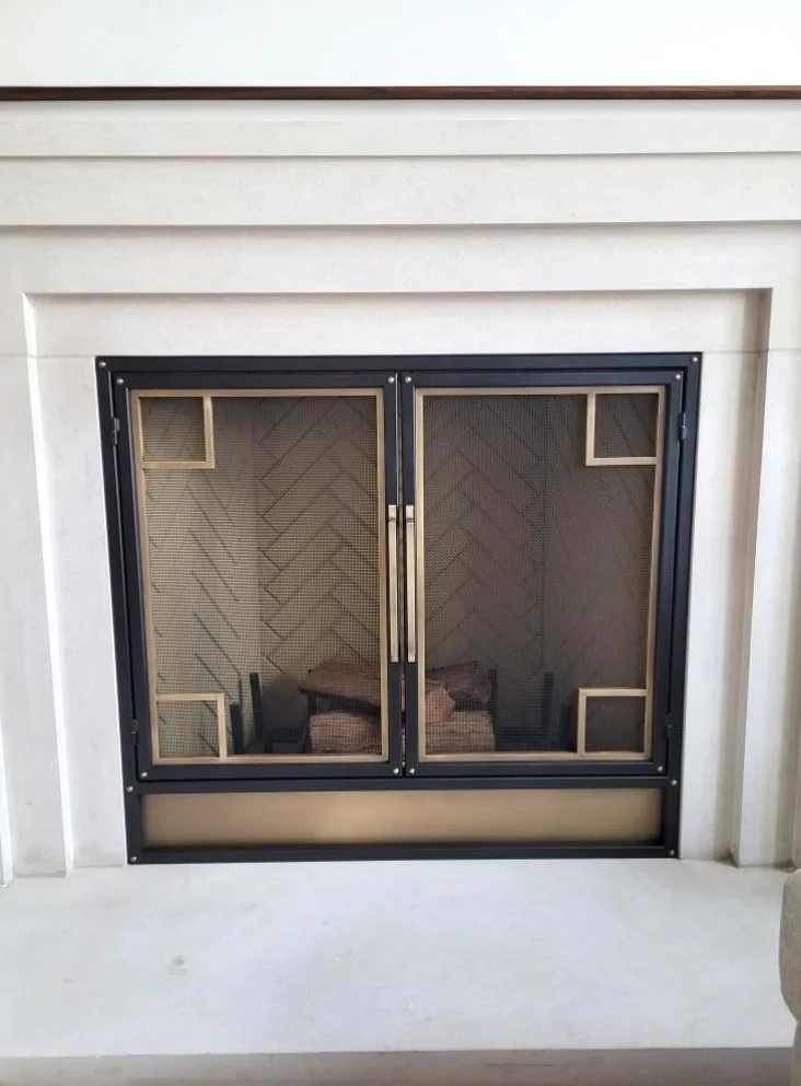 Mixed Metal Fire Screen with French Doors -with Brass Details -  Front View