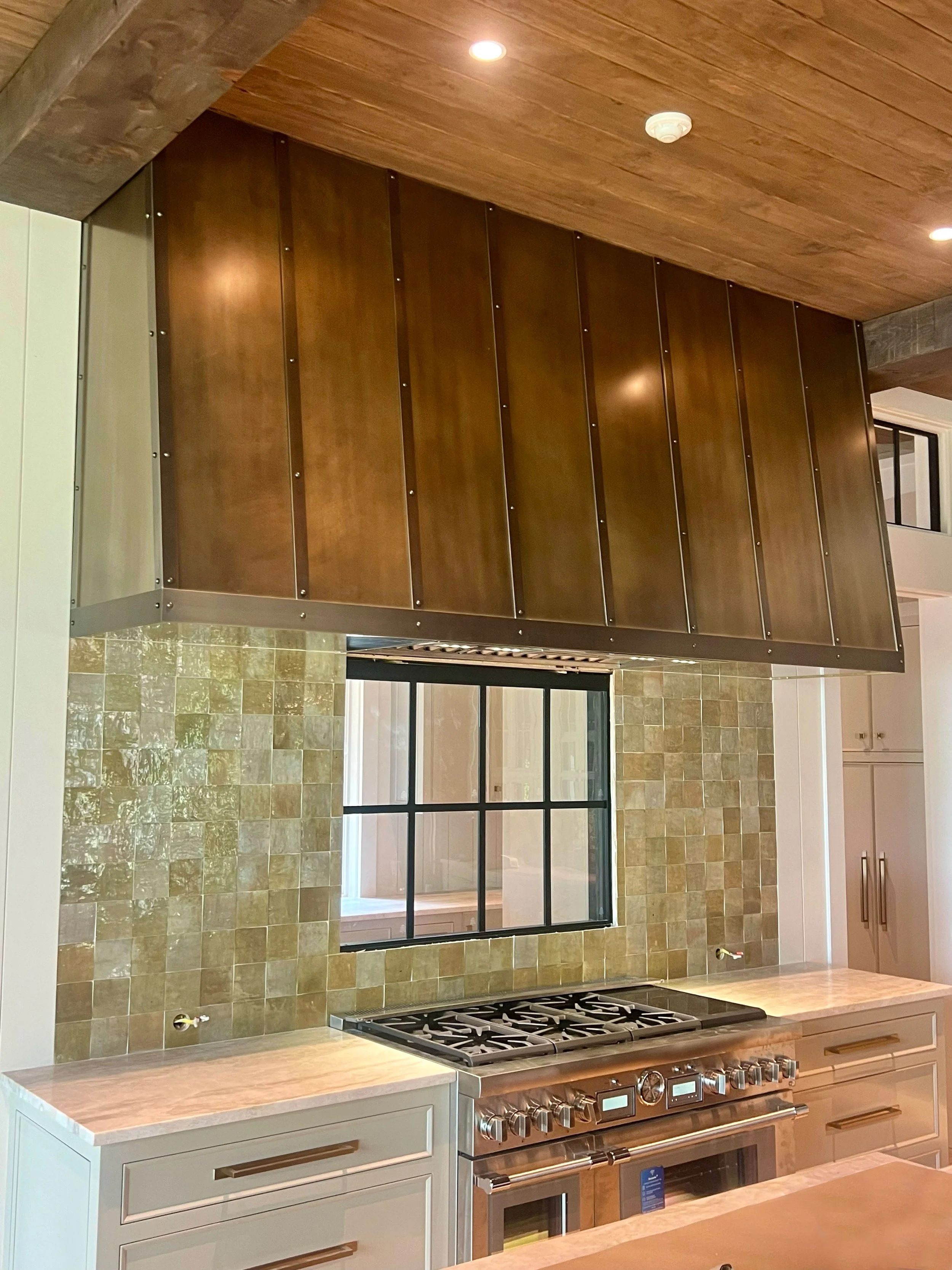 Oversized - Hand Patinated Brass Vent Hood with Straps and Rivets