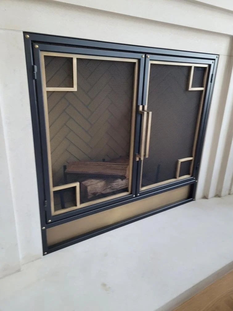 Mixed Metal Fire Screen with French Doors -with Brass Details - 3/4 View
