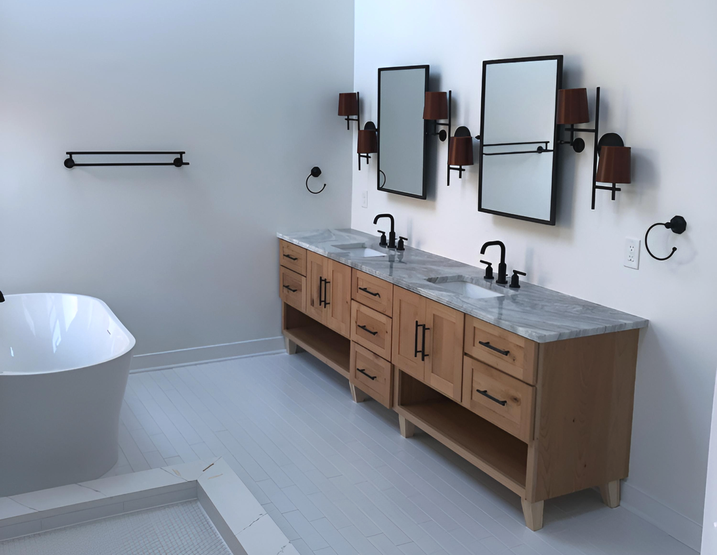 Blend neutral tile with natural finishes for a cohesive high-end finish.