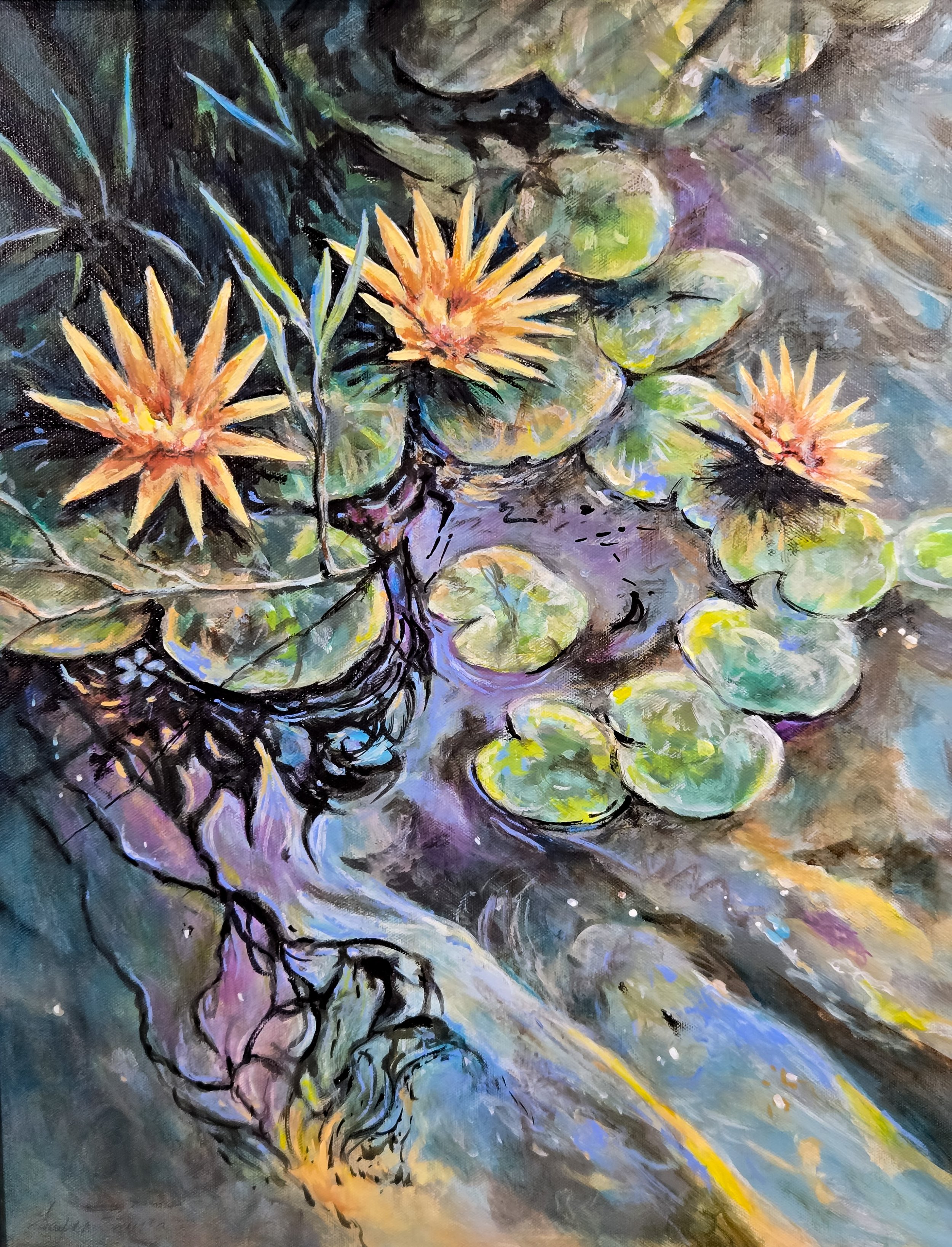 Petra's Pond presents a luminous exploration of nature’s delicate balance between light and shadow. Bold yellow-orange water lilies command attention with their vibrant energy, contrasting against a cooler, layered backdrop that unfolds in rich purpl