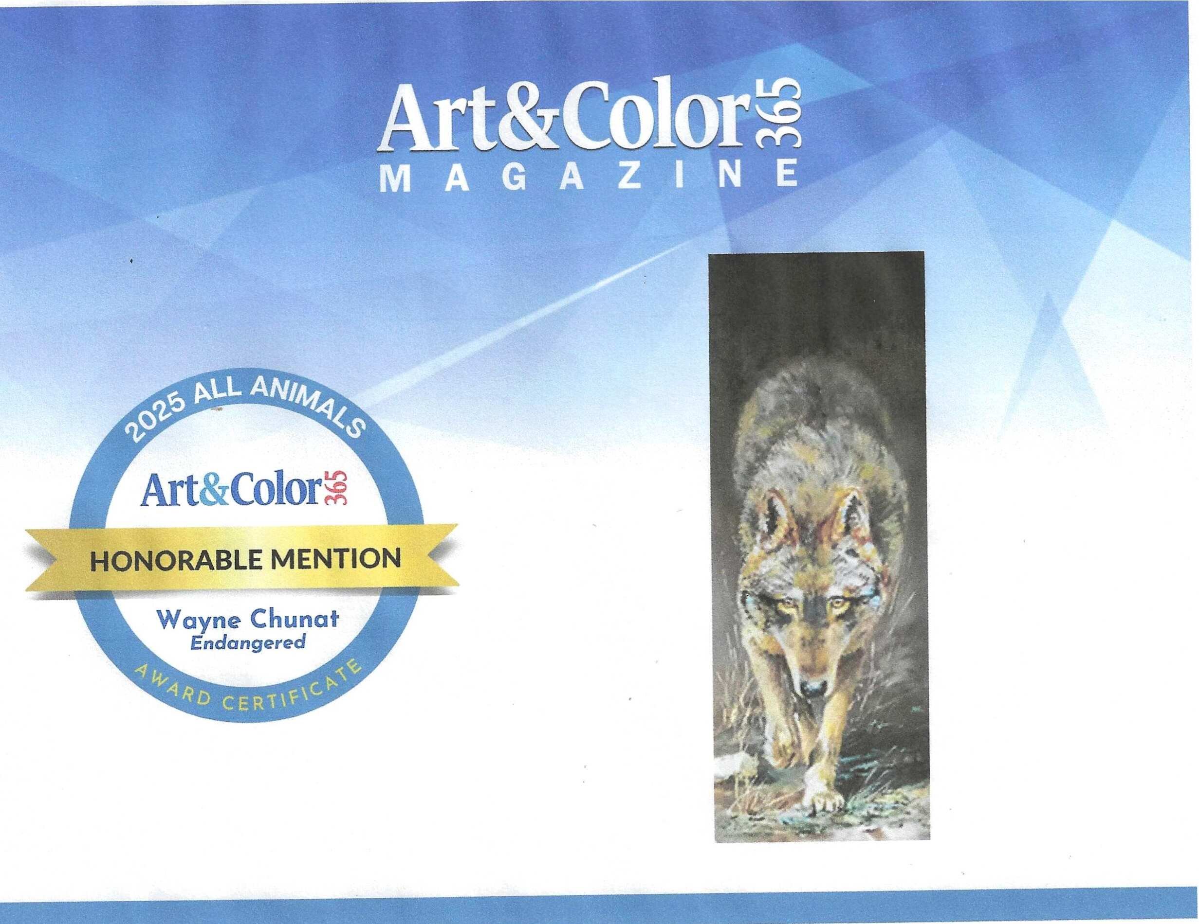 Art and Color 365 announced " Endangered", Red Wolf, received a Honorable Mention from a field of 600 entries from 22 countries