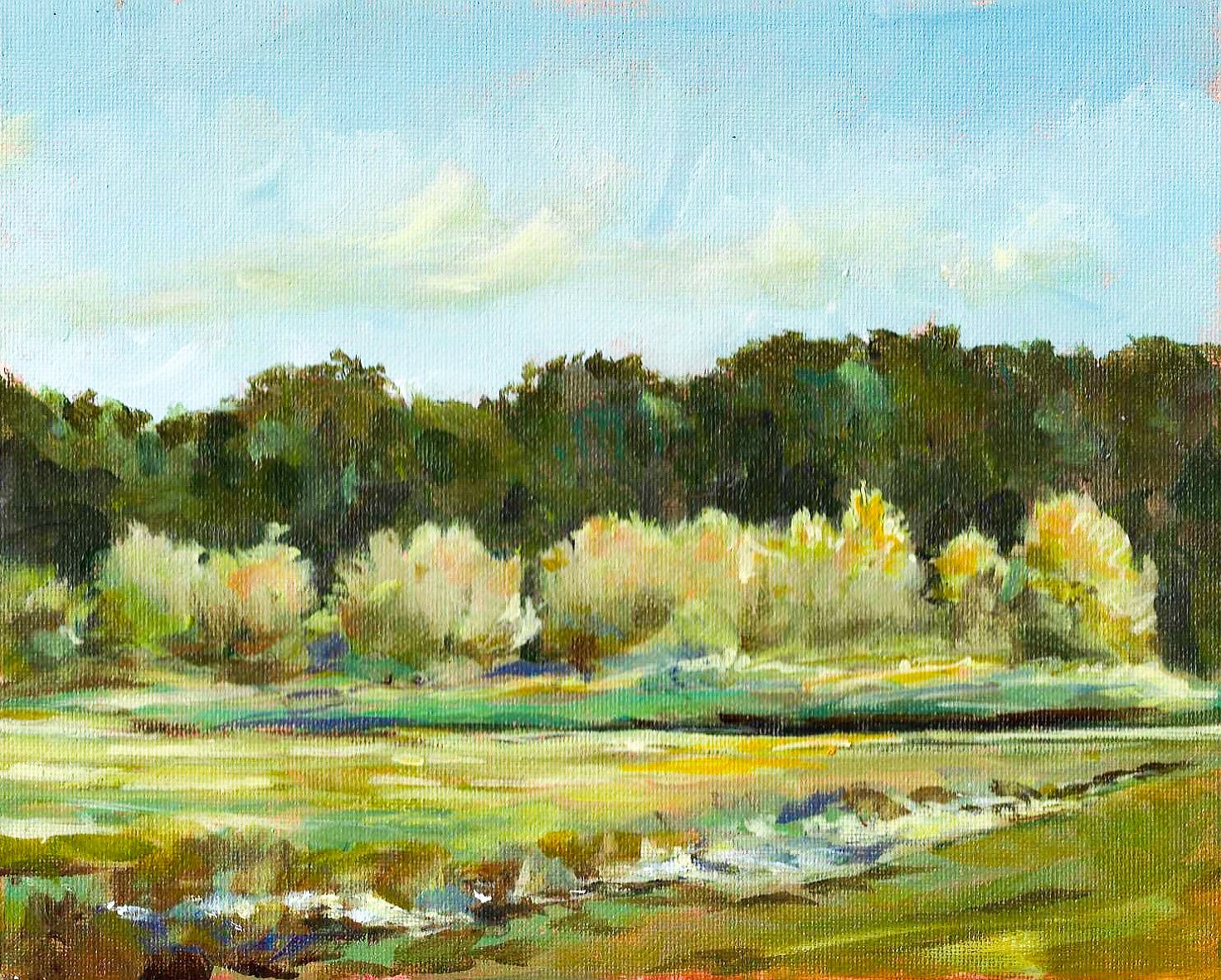 Plein Air Northeast Ohio 9/29/2024 " Soy Fields" 8x10 on canvas panel, primaries, one brush #6 dagger, acrylic, approx. 1 hour work