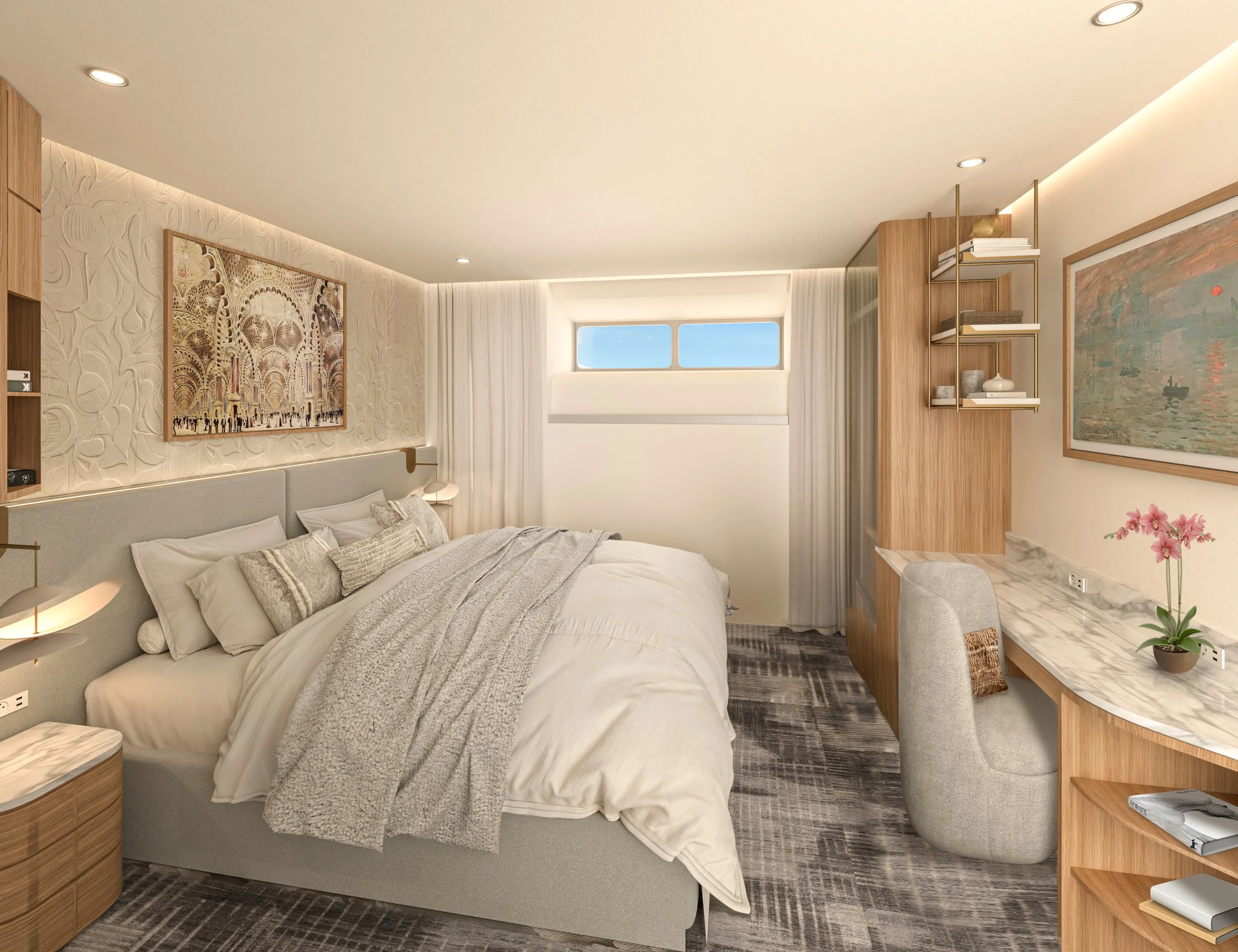 A modern bedroom with a large bed, cozy pillows, and a textured blanket. There is a built-in shelf above the bed, a window with curtains, a wooden desk with a marble top, and a potted pink orchid. The walls feature artwork, and the room has warm lighting.