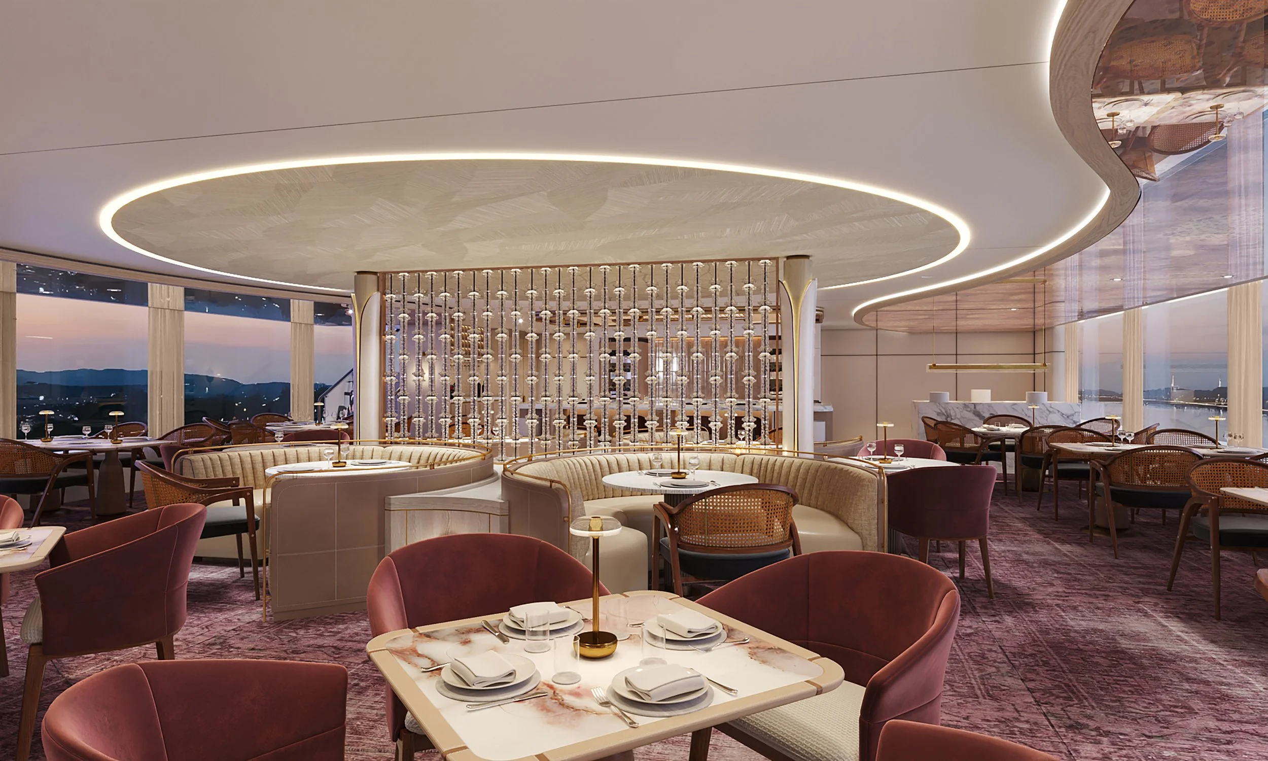Interior of a modern restaurant with large windows, plush seating, marble tables, and ambient lighting, featuring a decorative partition and a view of a sunset over a city skyline.