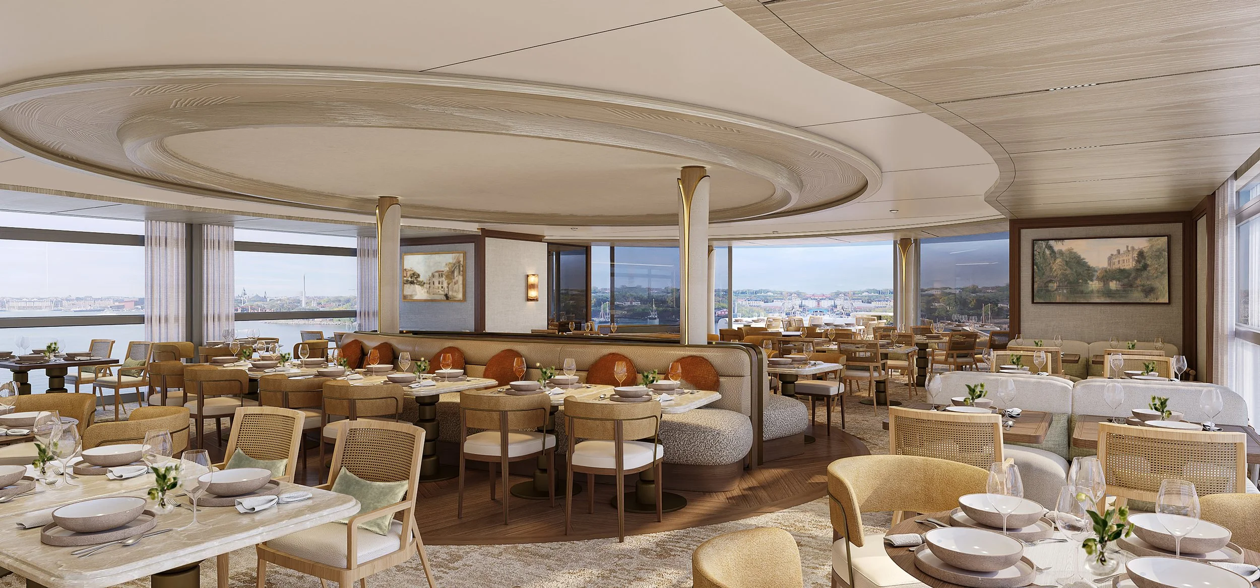 Upscale restaurant interior with large windows, elegant tables set with bowls, wine glasses, and cutlery, and a view of the city skyline.