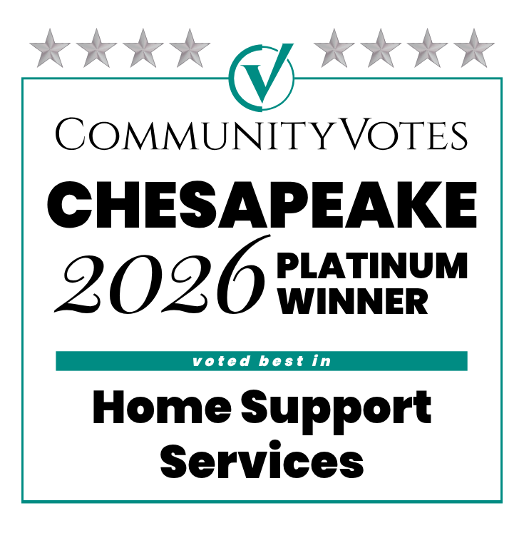 Community Votes Chesapeake 2026 Platinum Winner in Home Support Services, featuring a five-star rating at the top.