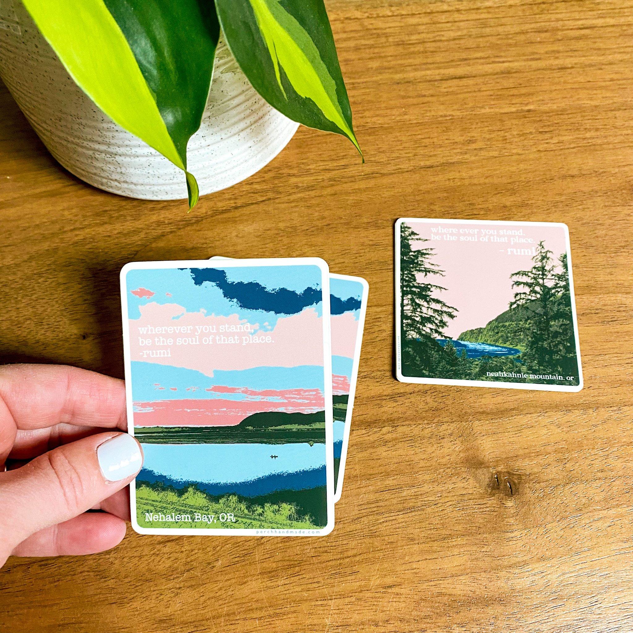 Nehalem River matte vinyl sticker, modern coastal river landscape with a bold mountain backdrop—with Rumi quote.