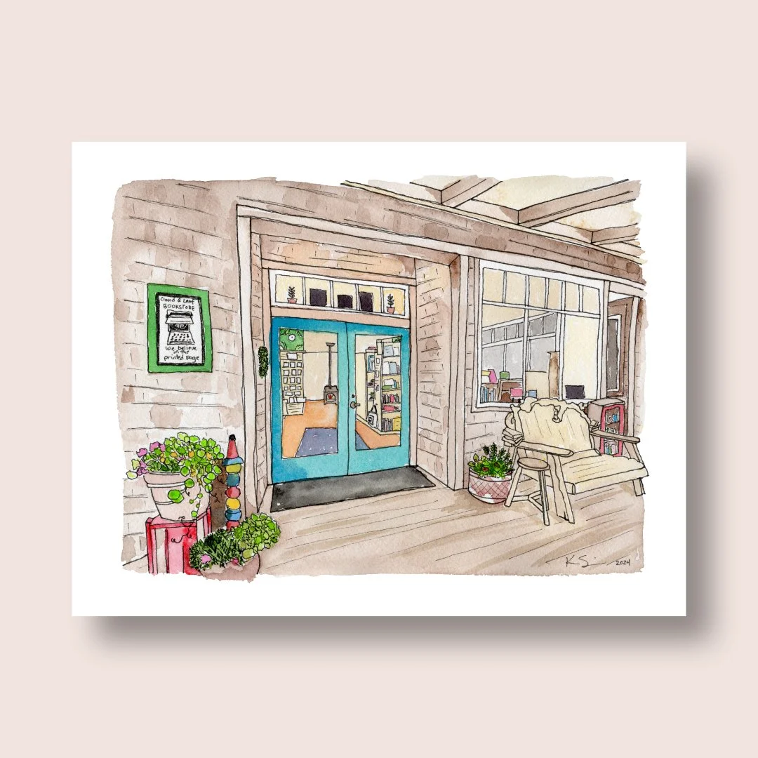 Cloud &amp; Leaf Bookstore – Watercolor &amp; Line Art Print