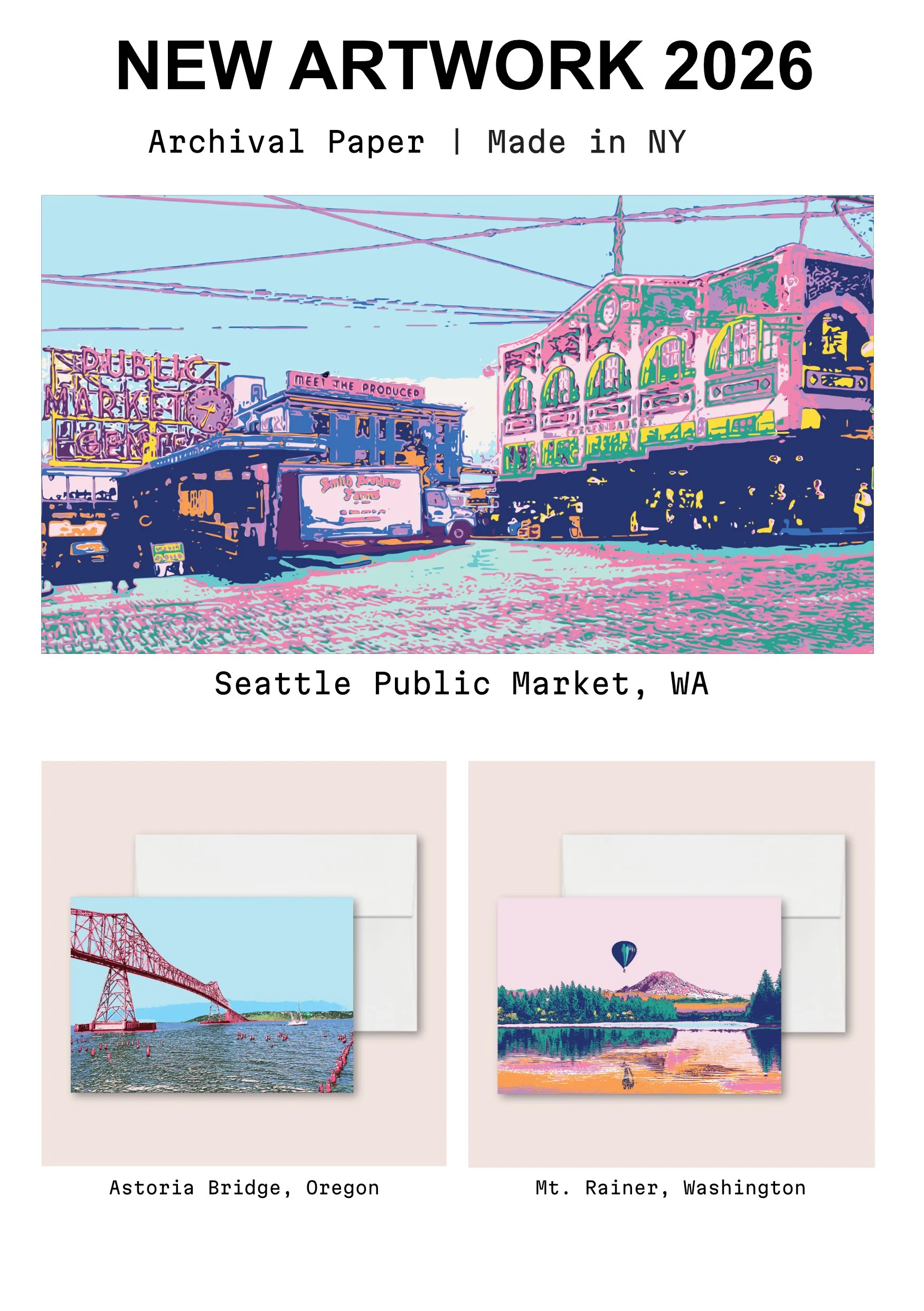 New Modern landscape artwork from Perch + Paper. Bright color palette of digital landscapes. Pike Place Market, Astoria, Oregon & Mt. Hood