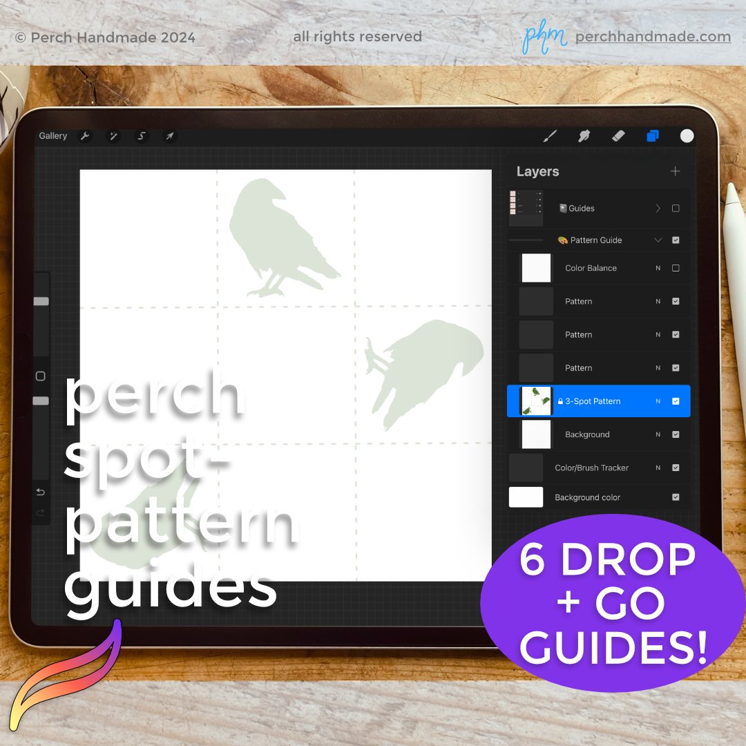 Procreate spot-pattern guides for seamless repeat pattern creation on iPad.