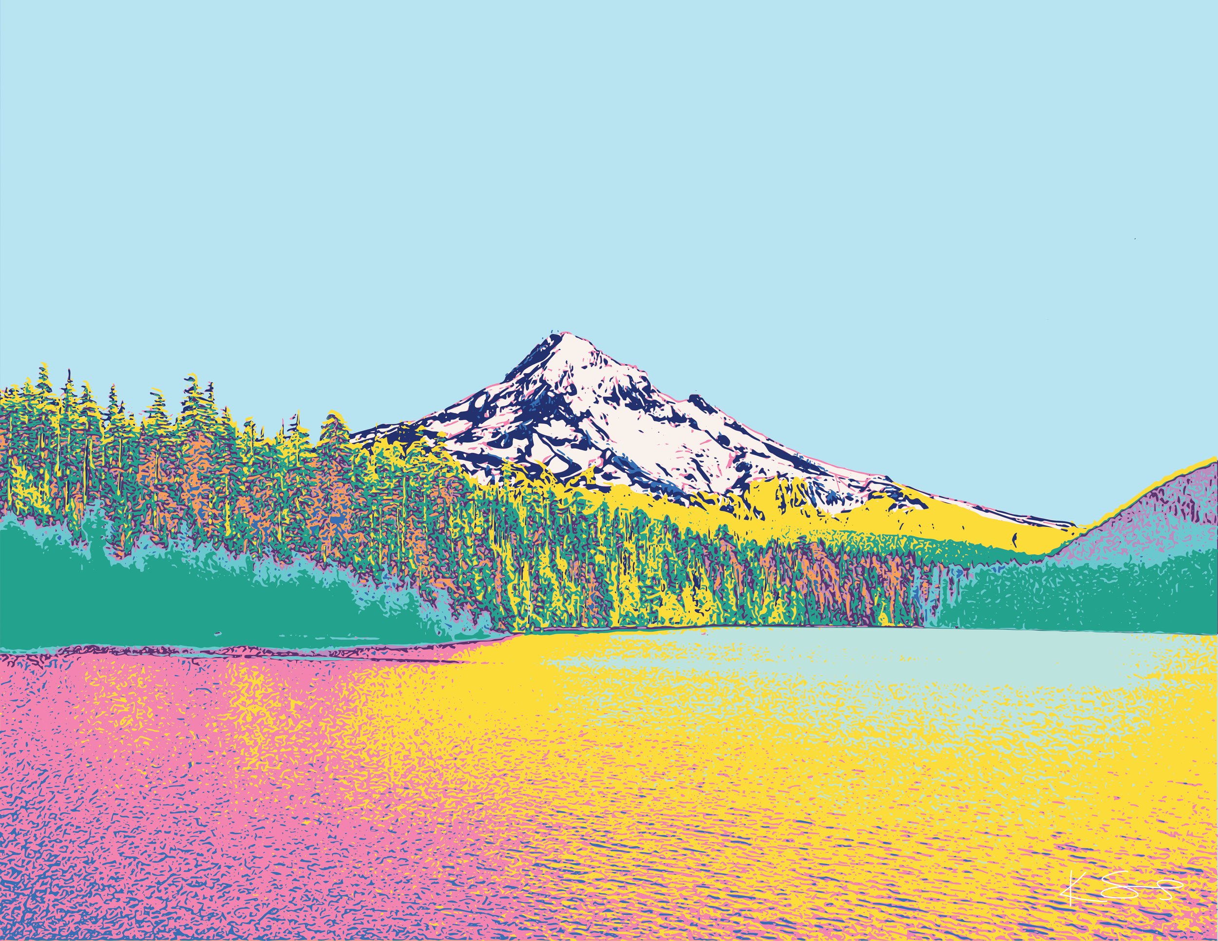Mt Hood: New landscape prints by Katie Simmons in yellow, teals, and sunset tones.