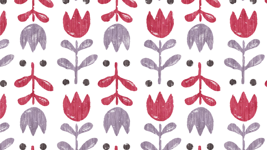 Graphic image of tulip flowers with shades of red, purple, white and black.