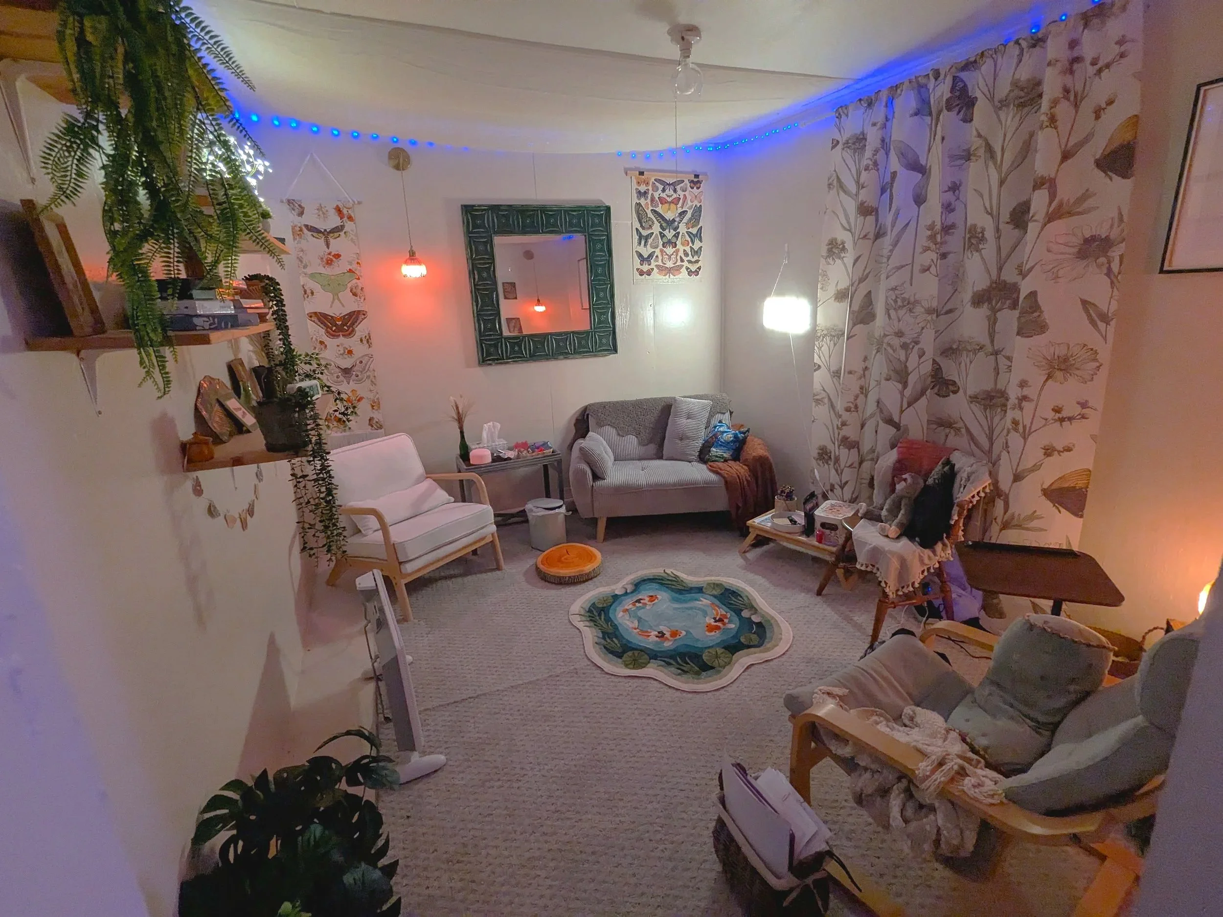 Calm, welcoming therapy space for individual, couple, and family therapy.