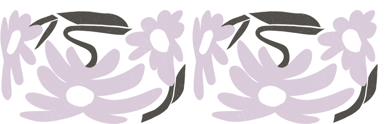 Abstract flower graphic with purple flowers and curvy black stems.