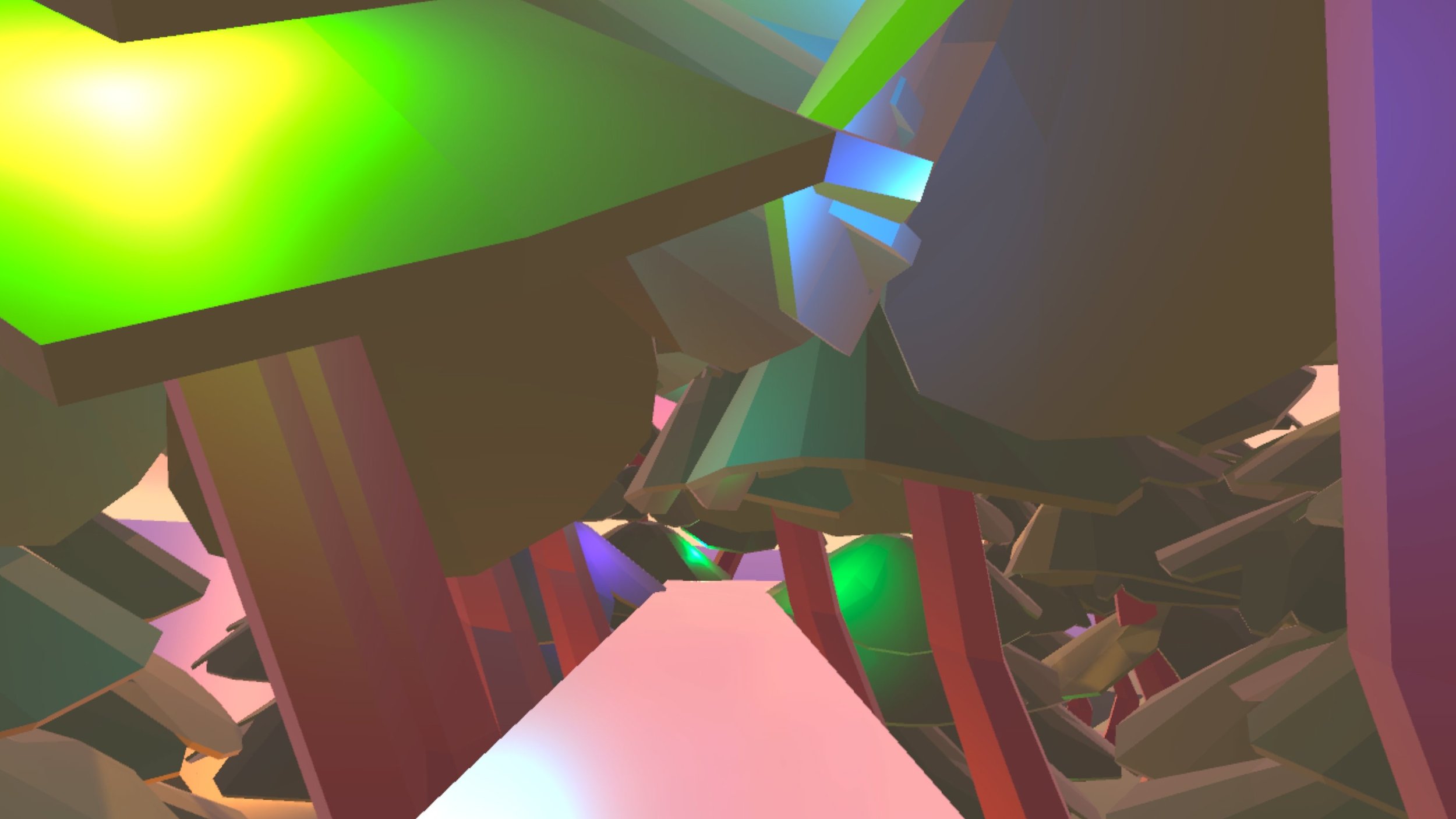 Colourful point lighting guides users through the forest.