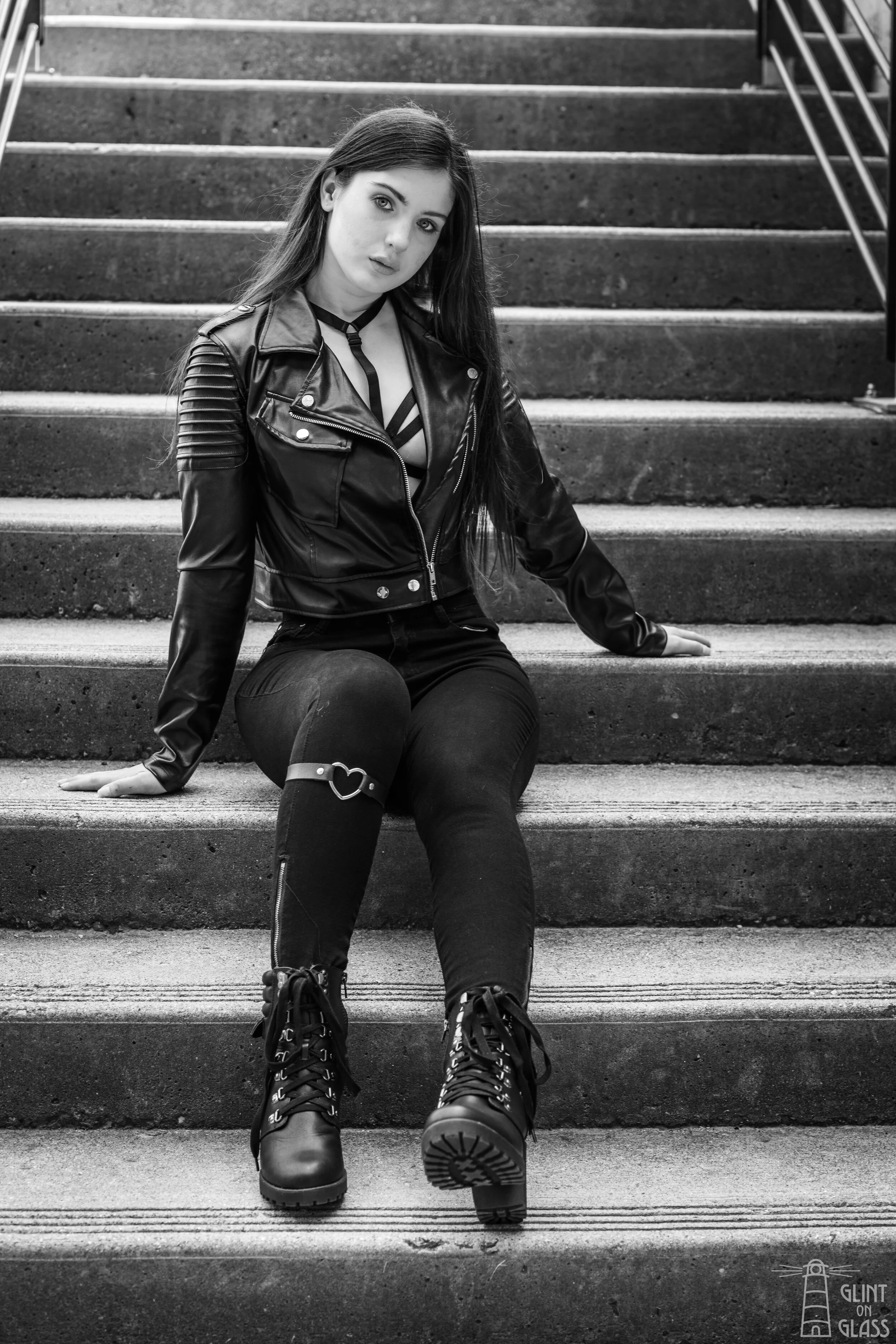 Kate Leather Stairs BW.jpg