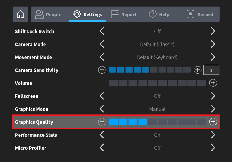Manual graphics mode for smoother Roblox gameplay Roblox graphics settings panel with Manual mode and a lowered quality slider