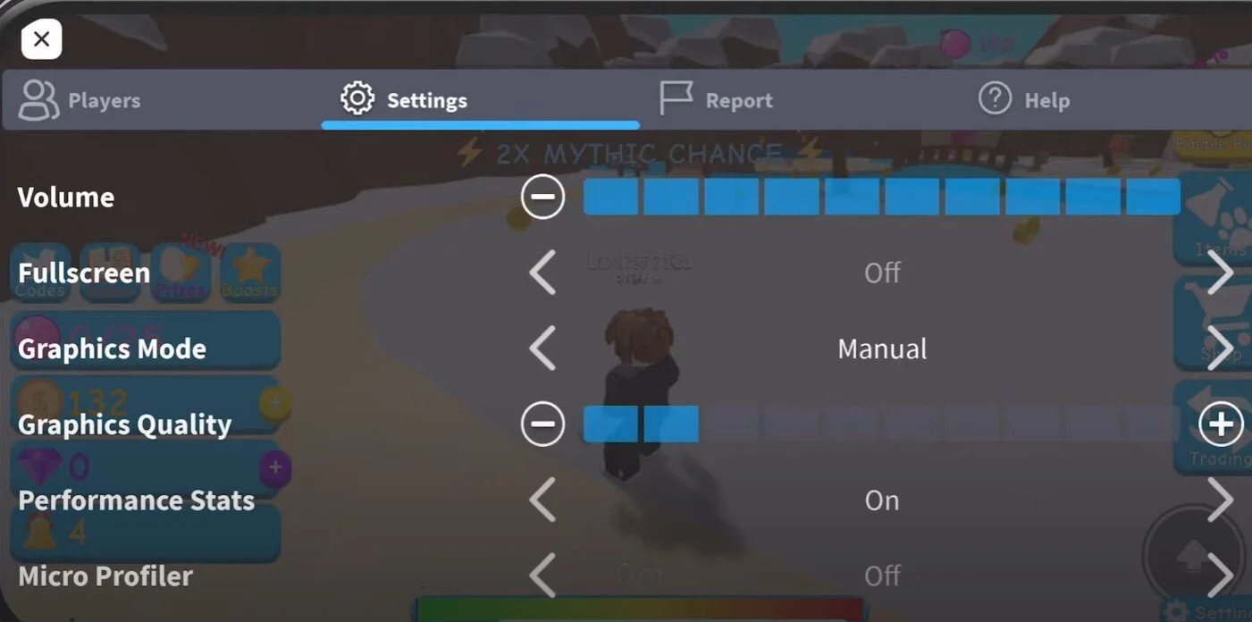 Roblox mobile settings: graphics quality Roblox mobile in-game settings showing Graphics Mode and Graphics Quality controls