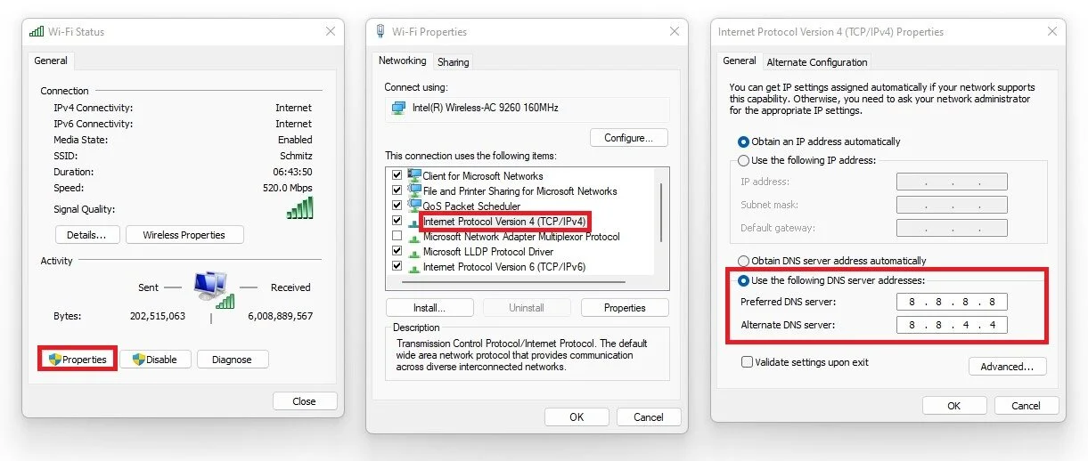 change DNS settings wifi properties