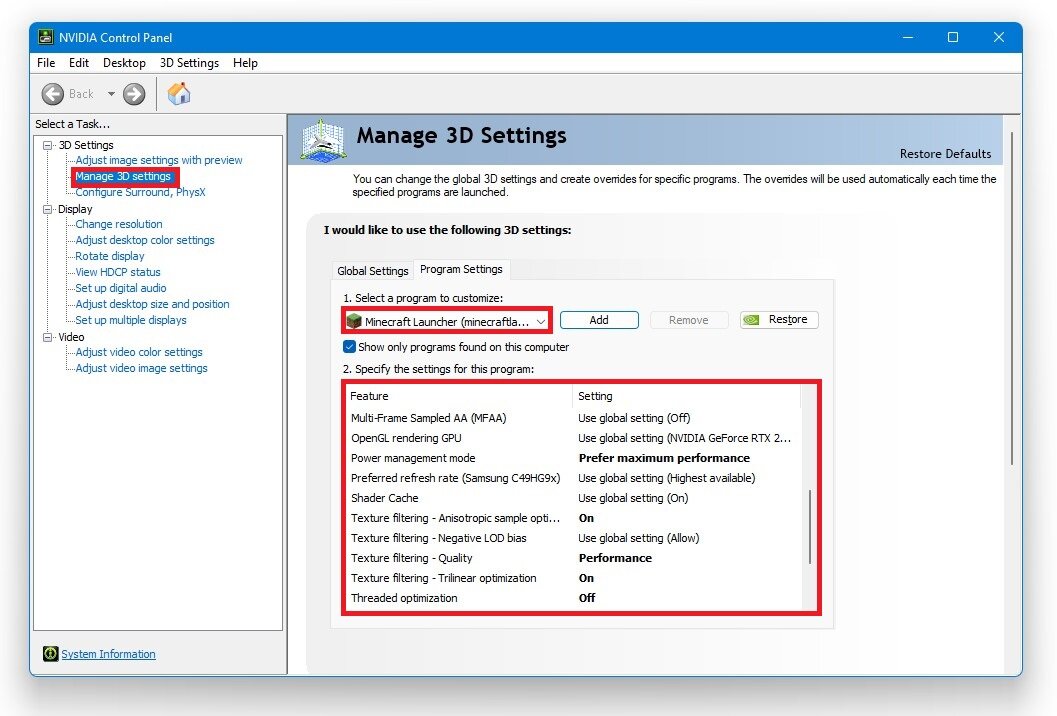 Manage 3D Settings Minecraft NVIDIA Control Panel