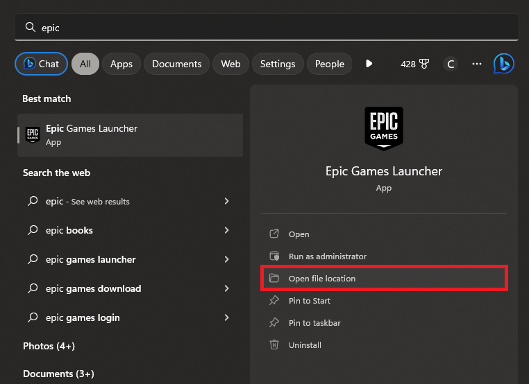 open file location epic games