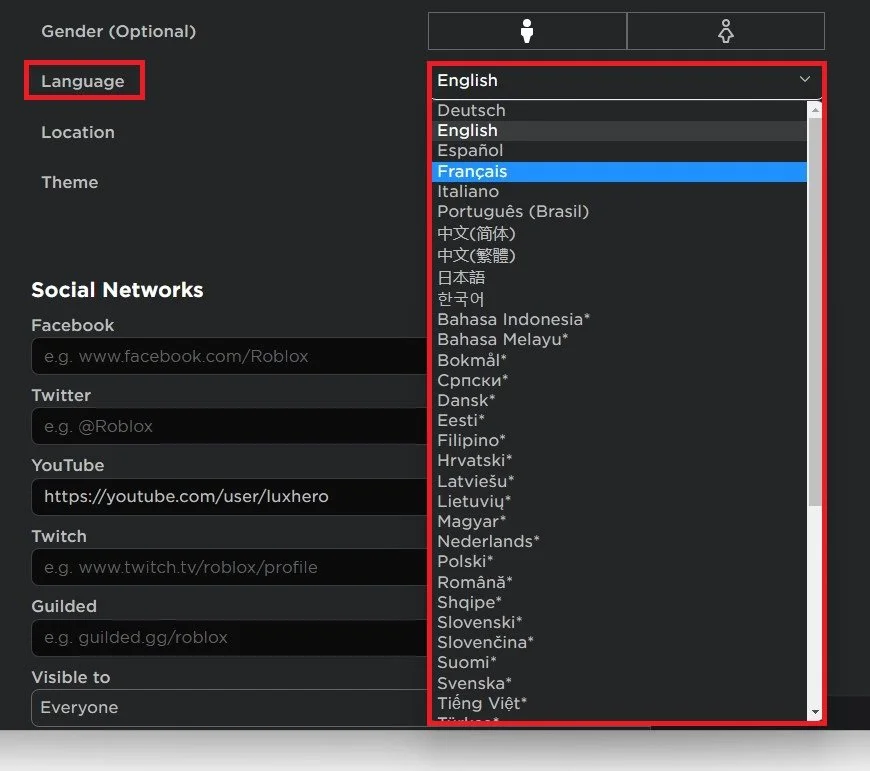 Roblox account settings language dropdown showing language choices
