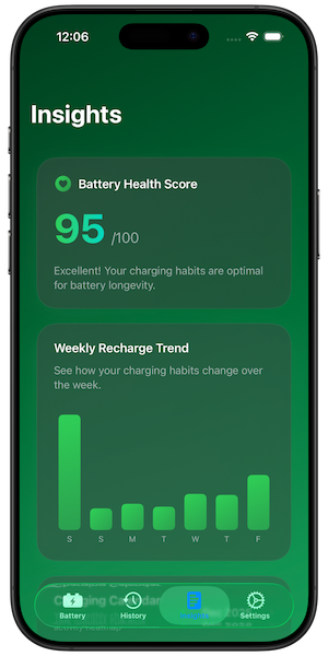 Battery Health Pro showing AI-powered health score with personalized recommendations