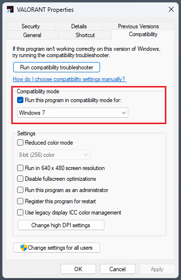 Valorant shortcut compatiblity settings