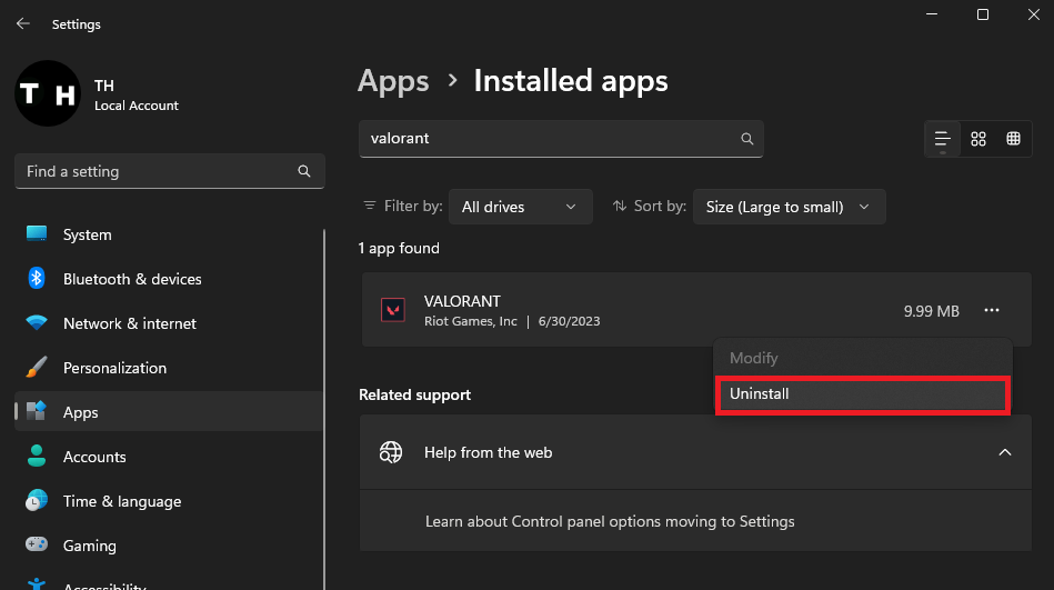uninstall valorant through settings