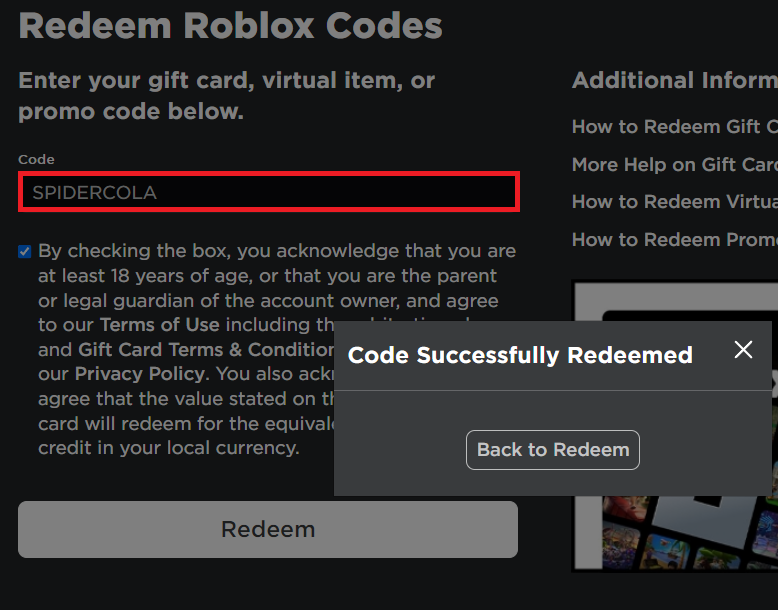 Roblox promo-code redemption screen showing a code field and a successful redemption message