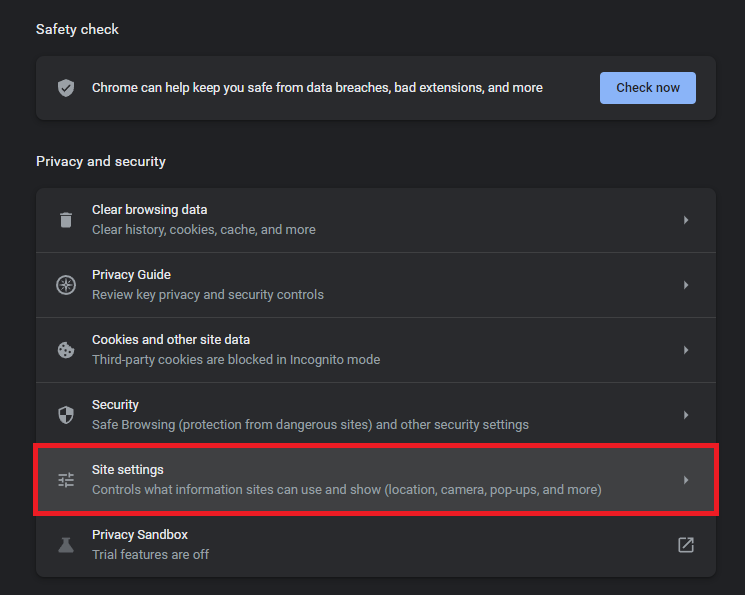 google chrome site settings