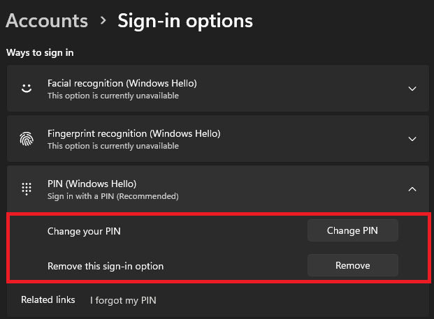 windows PIN options to change the pin