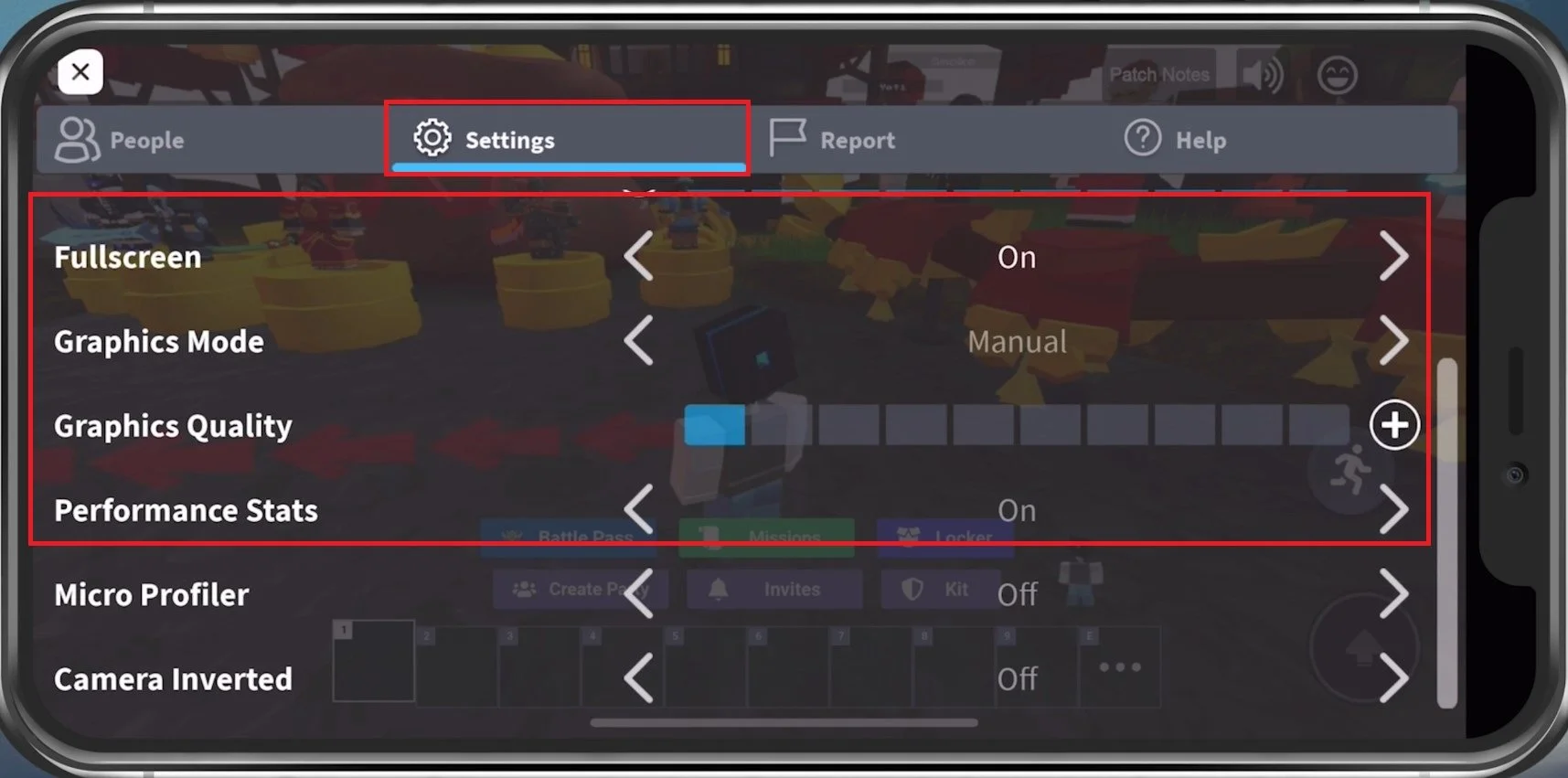 Roblox in-experience settings menu showing graphics and performance options on a mobile screen