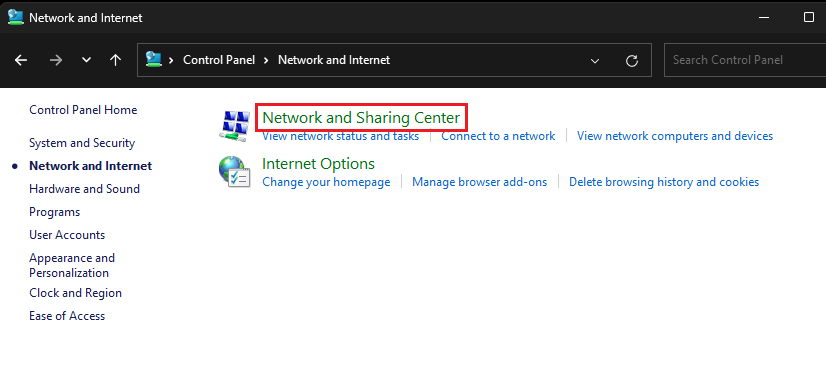 network and sharing center