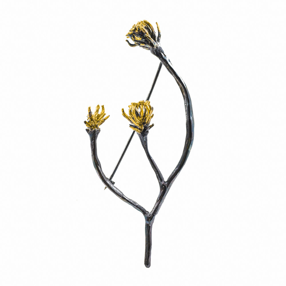 Synapse brooch with gold vermeil and oxidative patina. Luke Maninov