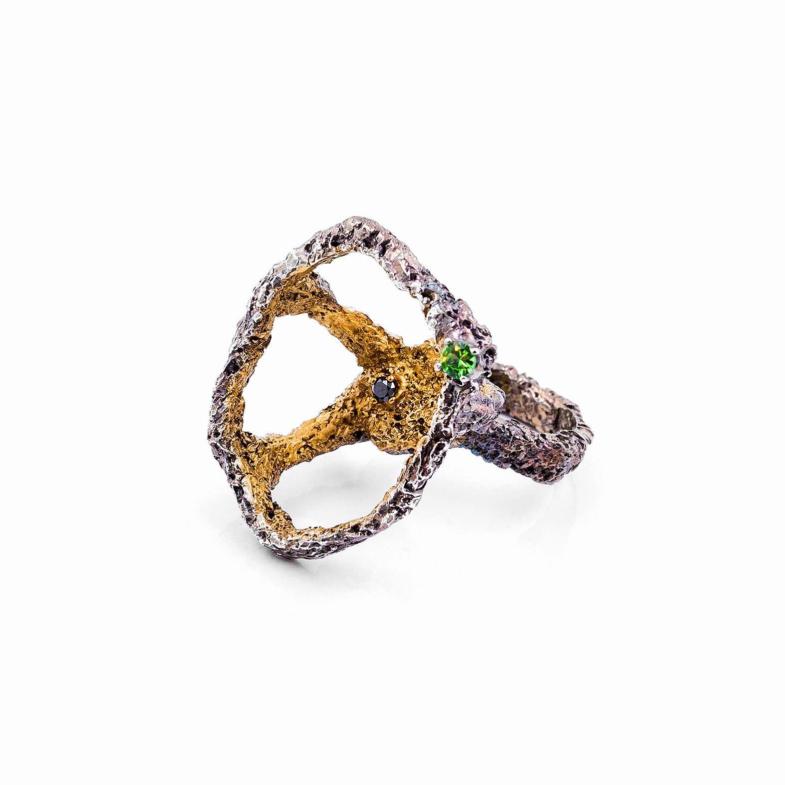 Open Fragment Ring | Sterling Silver, black diamond, tsavorite, gold vermeil, patina.