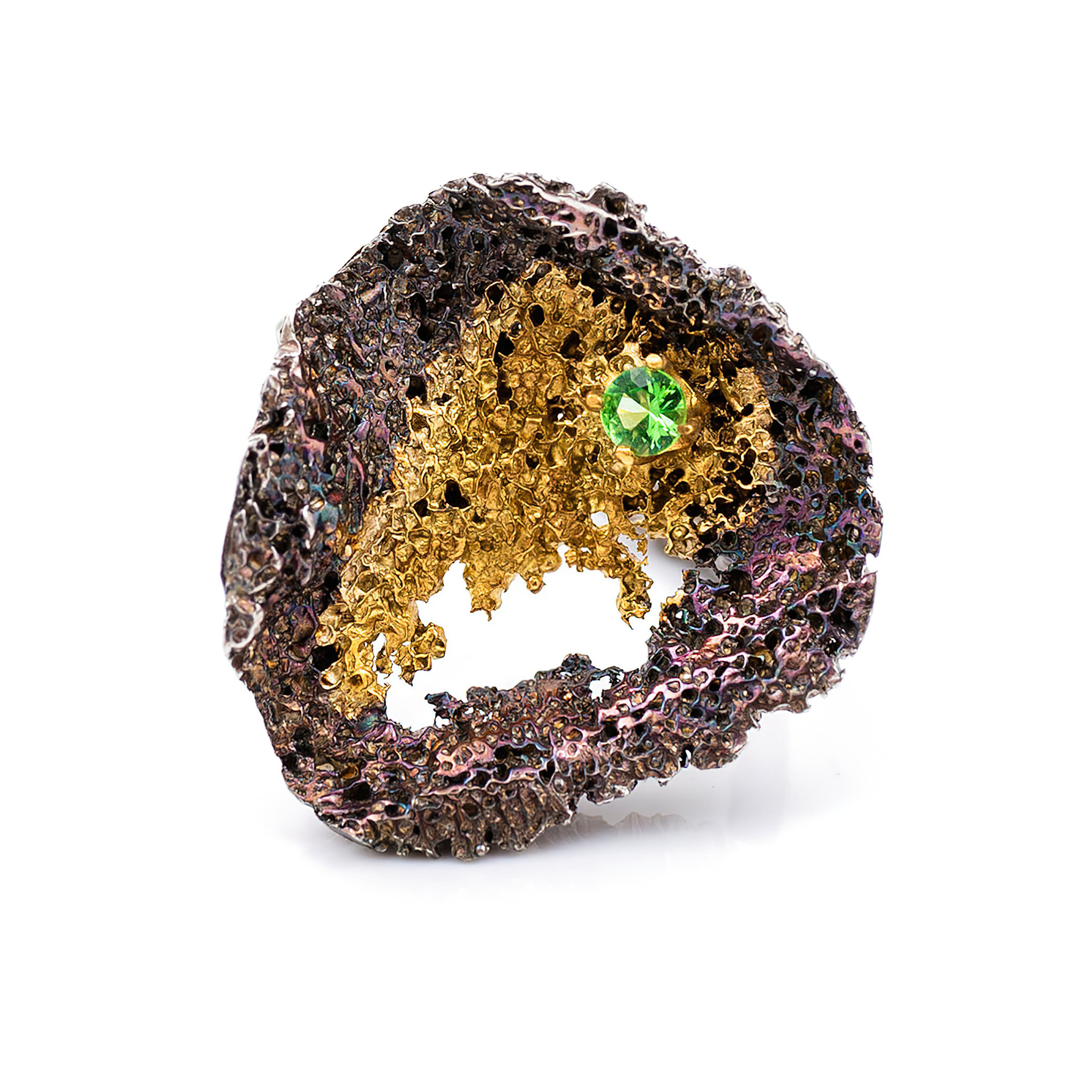 Round Inner Island Ring | Sterling silver, tsavorite, gold vermeil, patina