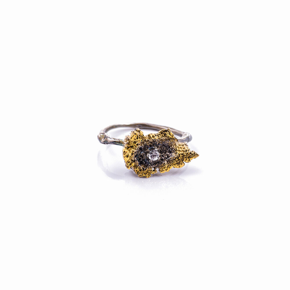 Small Inner Island Ring | Sterling silver, white sapphire, gold vermeil, patina. 