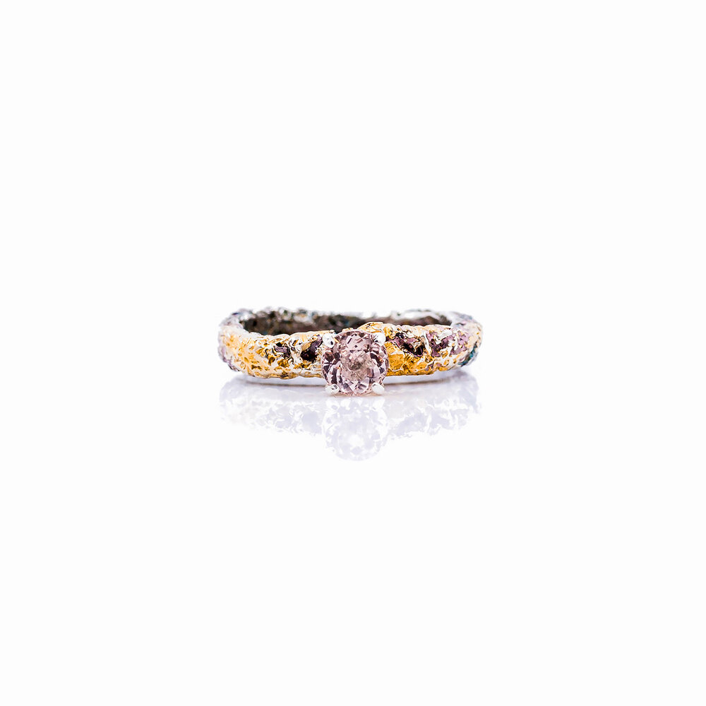 Graceful Inner Islands Solitaire Ring | Sterling silver, morganite, paint, gold vermeil, patina.