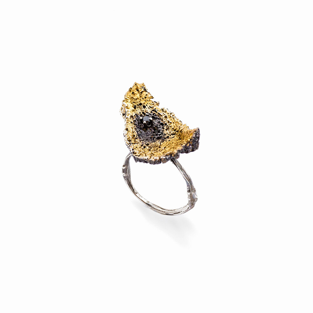 Curved Inner Island Ring | Sterling silver, black diamond, gold vermeil, patina. 