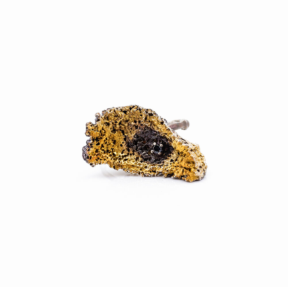 Curved Inner Island Ring | Sterling silver, black diamond, gold vermeil, patina. 