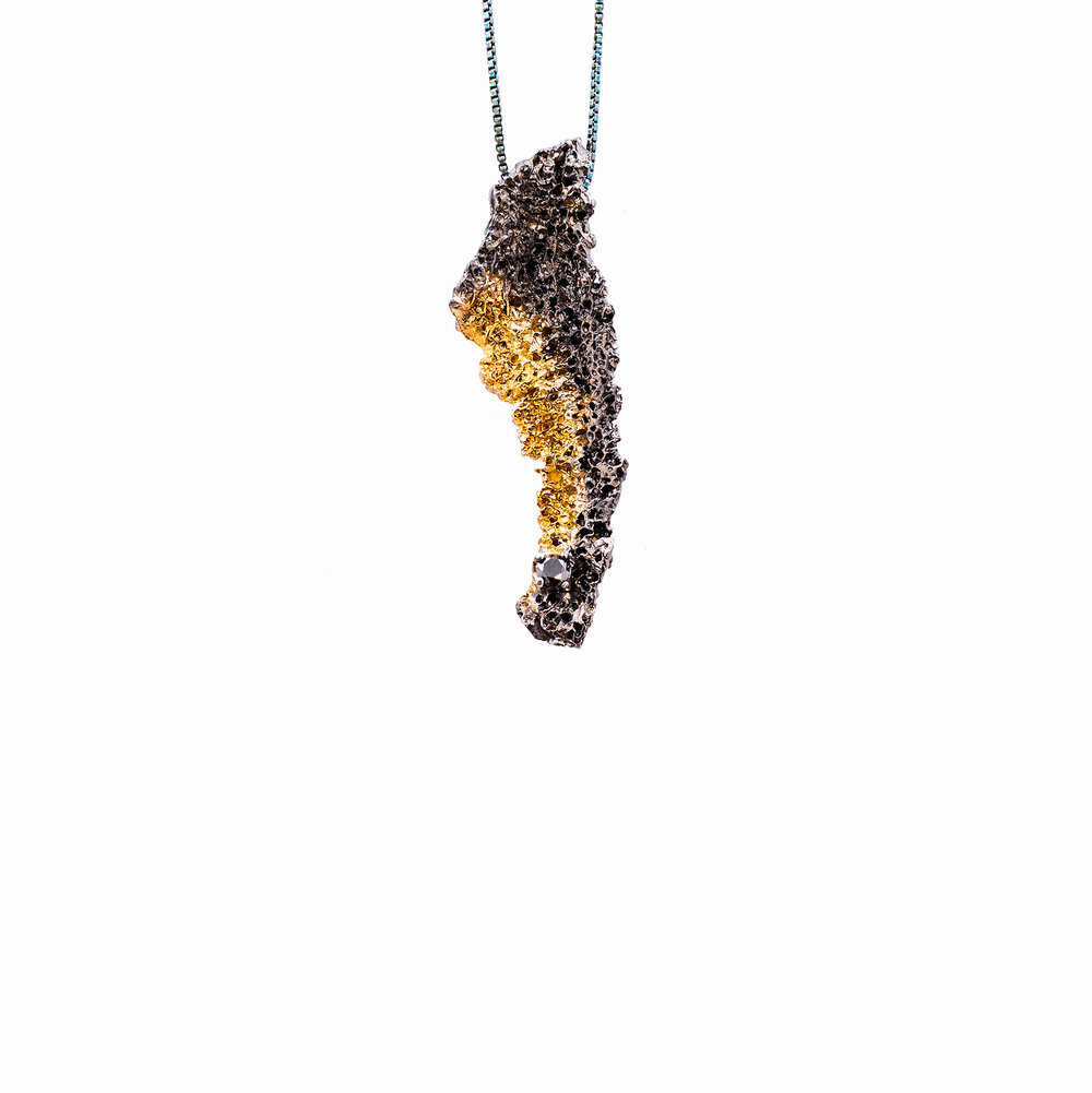 Long Inner Island Pendant | Sterling silver, black diamond, gold vermeil, patina.