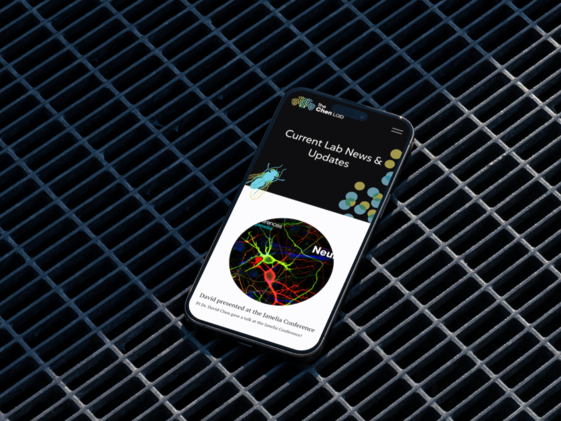 Mockup of a mobile phone on a metal grate featuring the Lab News page of the Chen Lab website