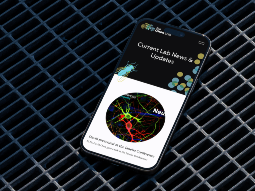 Mockup of mobile phone on a metal grate showing the Lab News page for the Chen Lab website