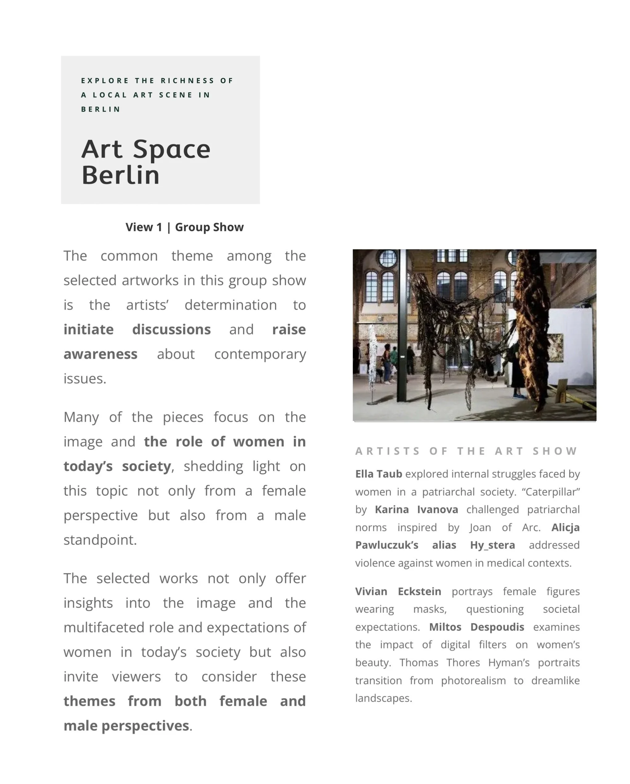 Page from an art catalog or brochure discussing an art show in Berlin, featuring a photo of an installation with hanging sculptures inside a historic building.