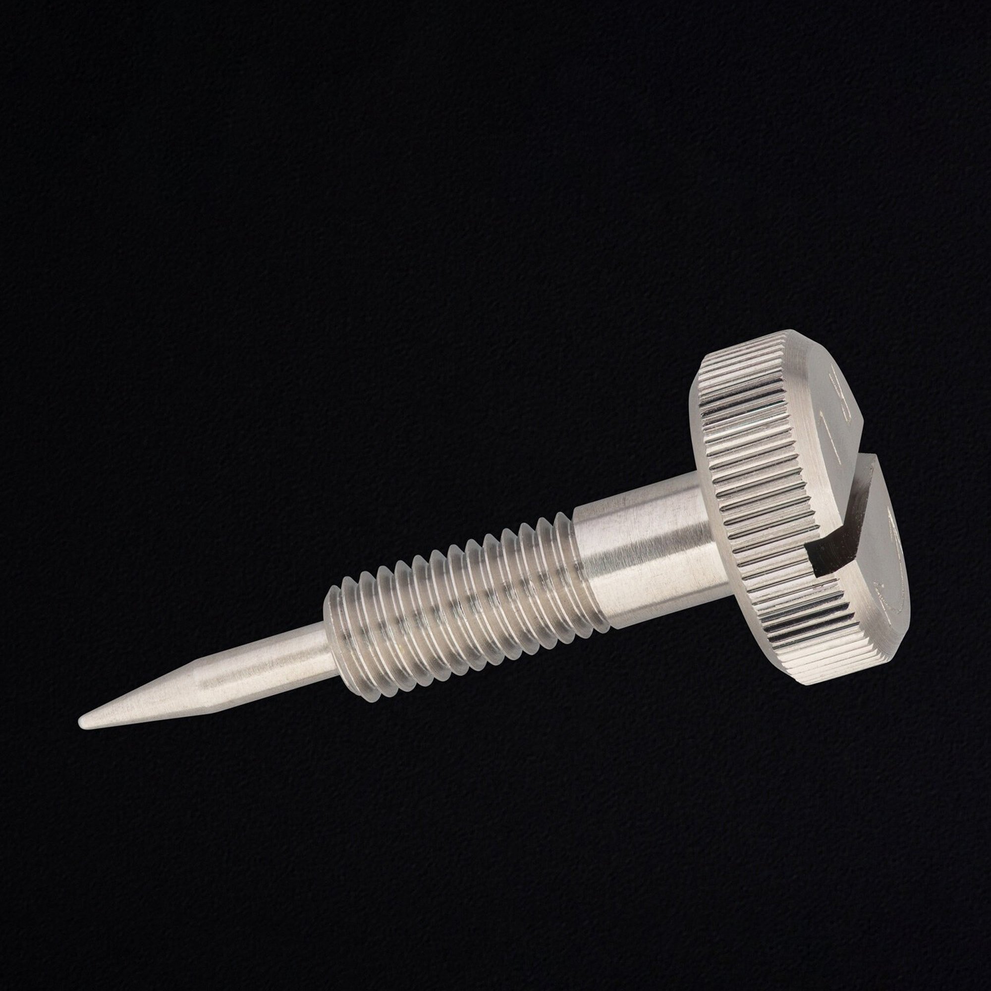  Machine white metal screw with a pointed end details include the head slot and the shaft threads. photographed in black to show off the details 