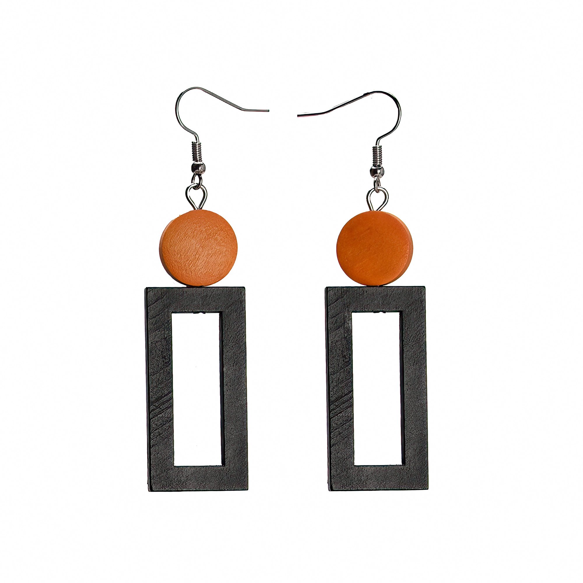  Fancy square wood earings on white background 